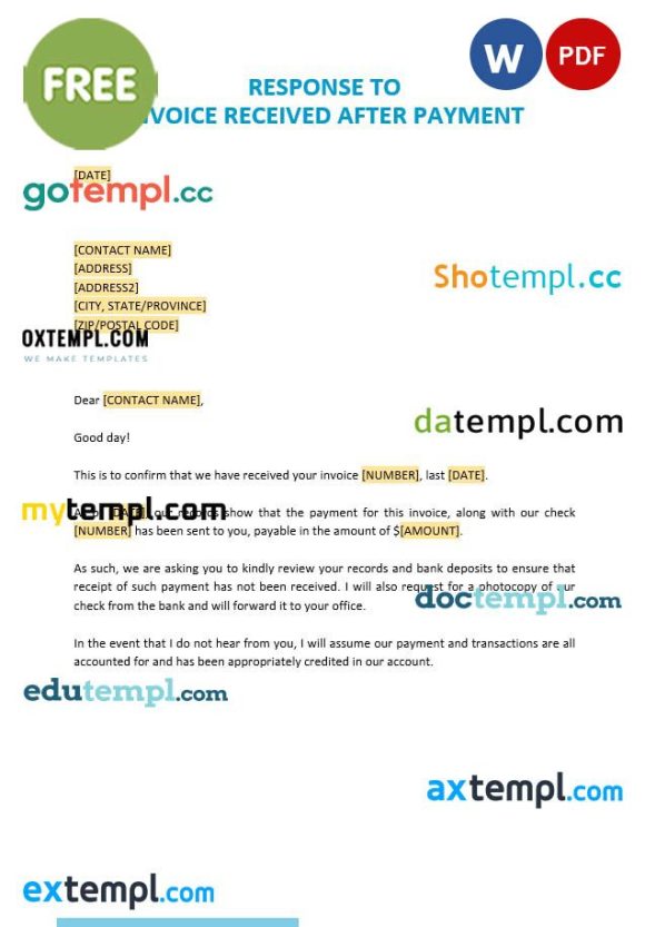 free download Free Response to Invoice Received after Payment example in word and pdf format