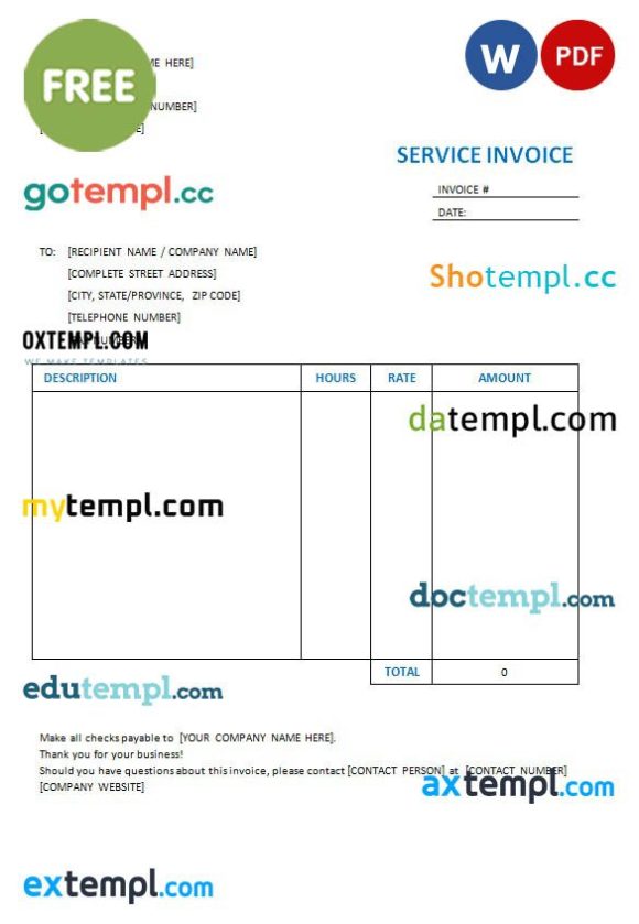 free download Free Service Invoice example in word and pdf format