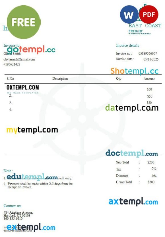 free download Free Shipping Invoice example in word and pdf format