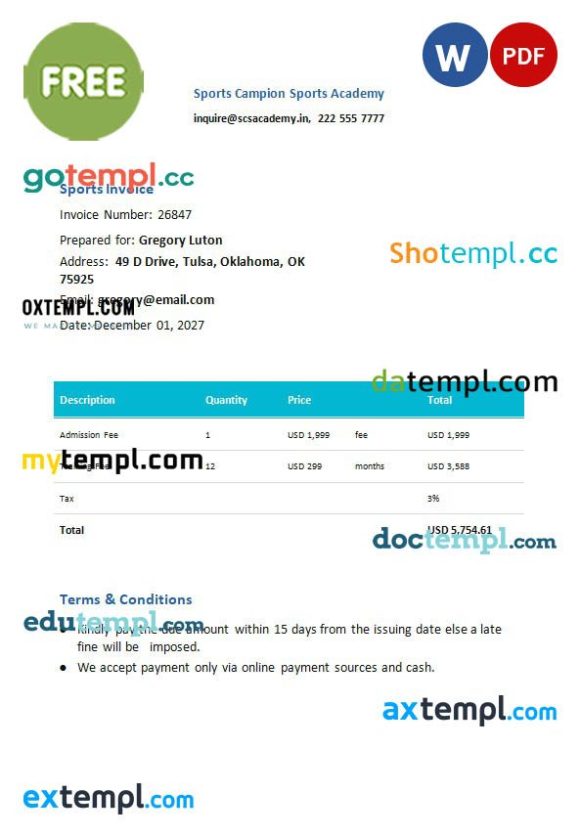 free download Free Sports Invoice example in word and pdf format