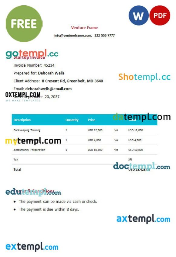free download Free Startup Invoice example in word and pdf format