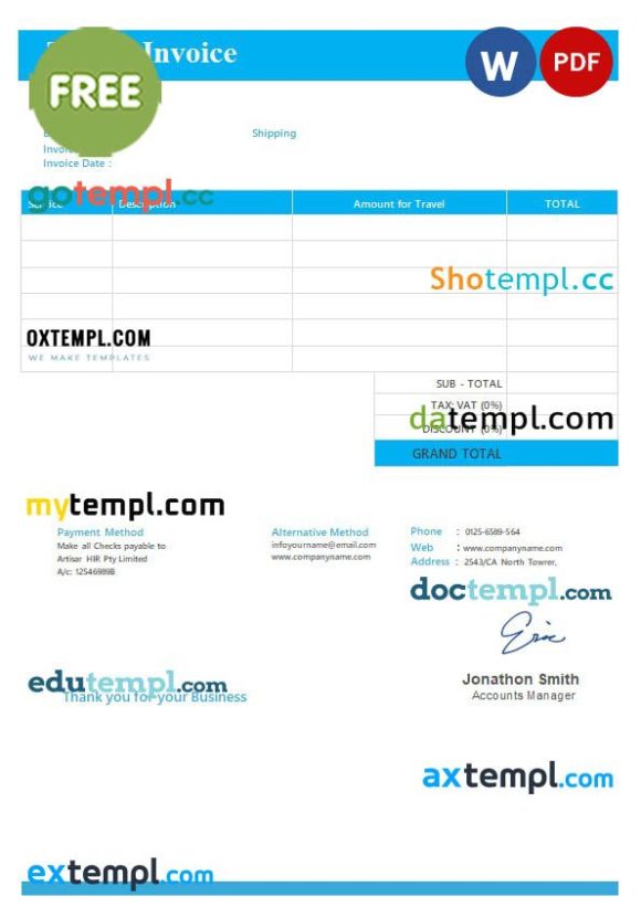 free download Free Travel Invoice example in word and pdf format