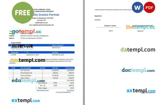 free download Free University Invoice Format example in word and pdf format