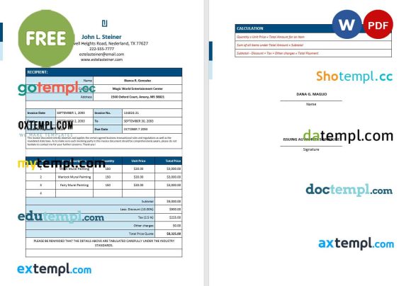 free download Free Freelance Artist Invoice example in word and pdf format