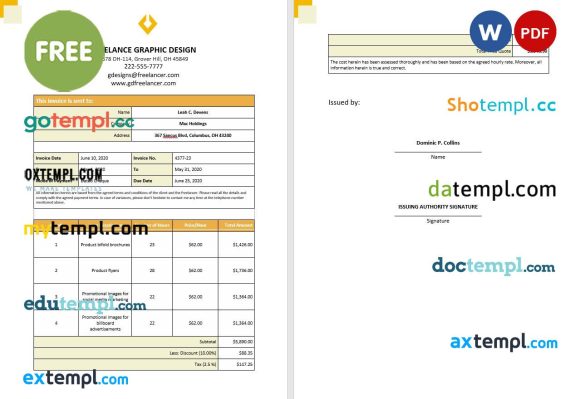 free download Free Freelance Hourly Invoice example in word and pdf format