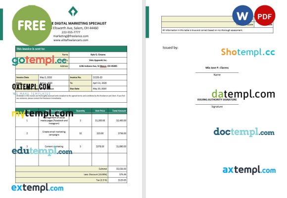 free download Freelance Service Invoice example in word and pdf format