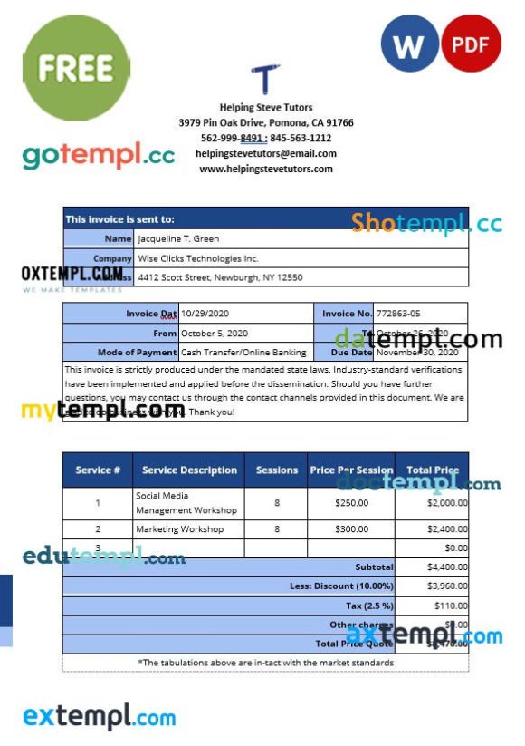 free download Freelance Work From Home Invoice example in word and pdf format
