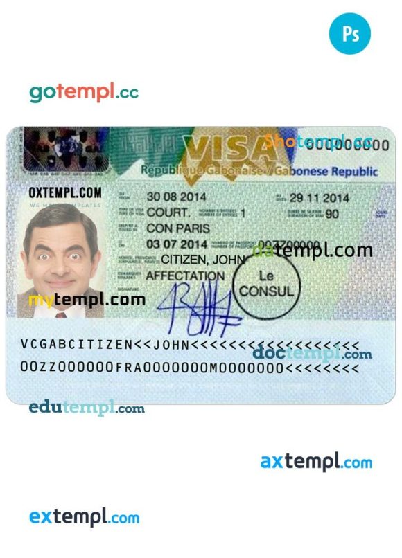 Gabonese entry visa PSD example, completely editable, with fonts