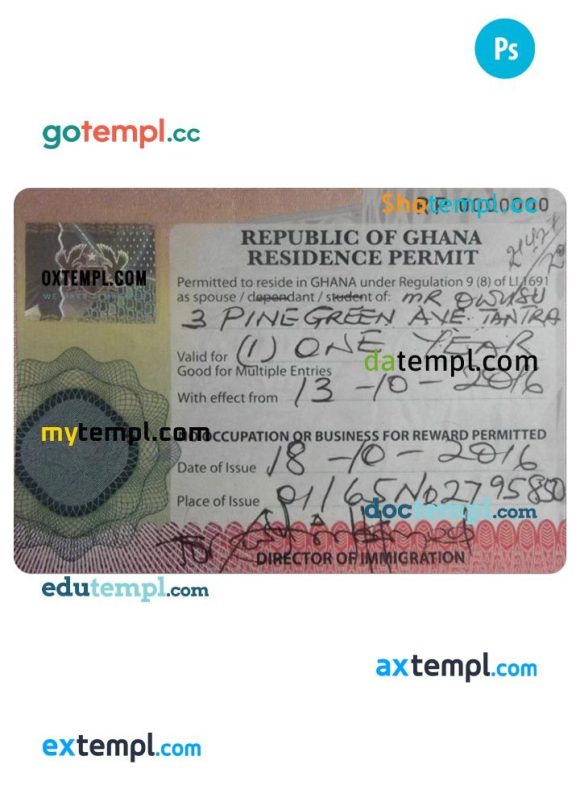 Ghanaian residence permit card PSD example, with fonts