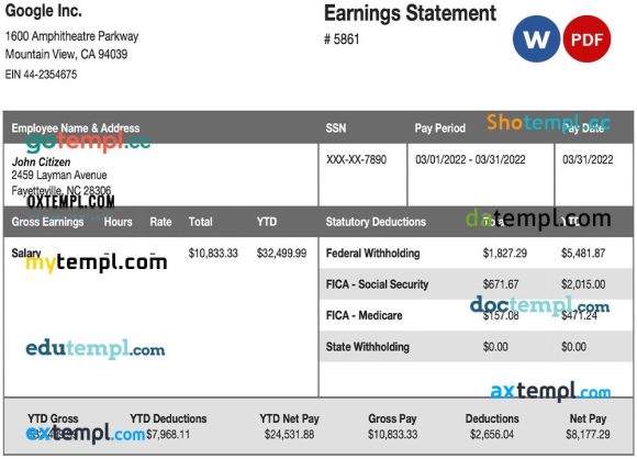 GOOGLE Inc earning statement example in Word and PDF formats