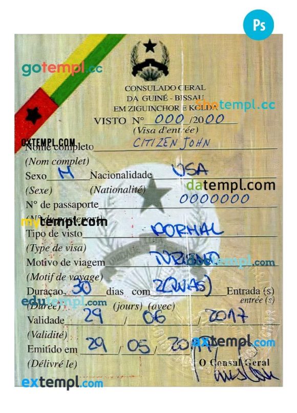 Guinean-Bissau entry visa PSD example, with fonts