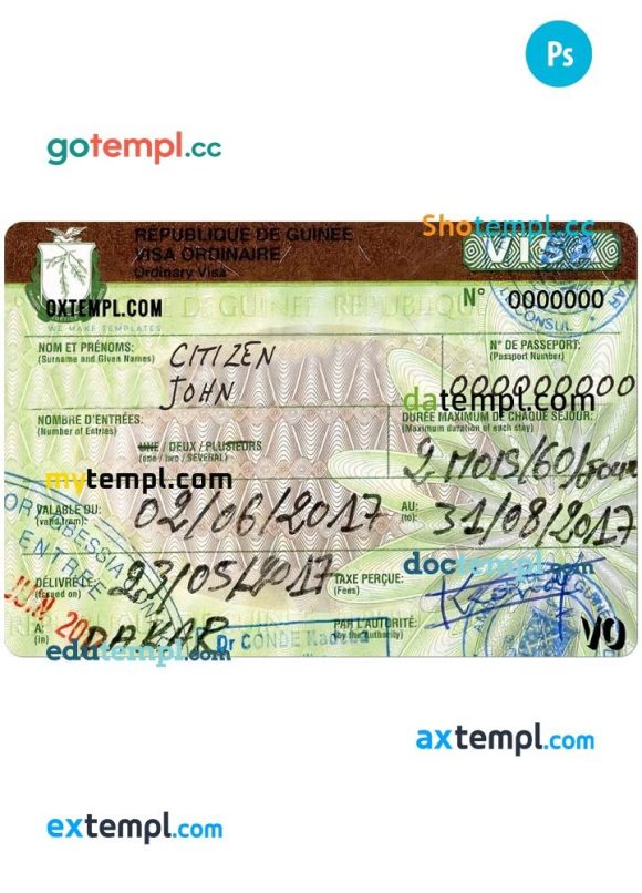 Guinean travel visa PSD example, with fonts