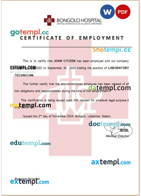 Gabon Bongolo Hospital certificate of employmentt Word and PDF download template