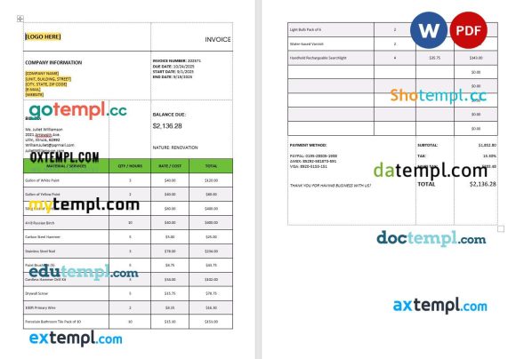 General tax calculation Invoice example in word and pdf format