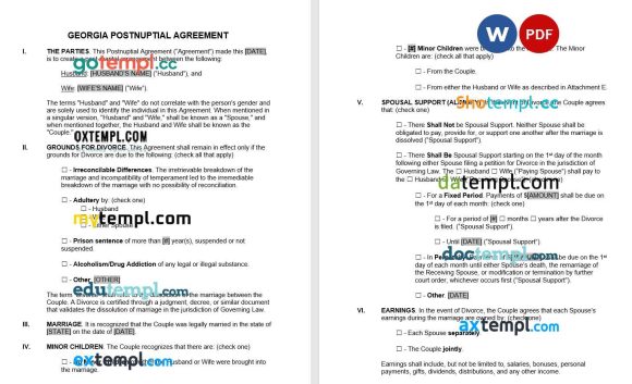 Georgian Postnuptial Agreement Word example, fully editable