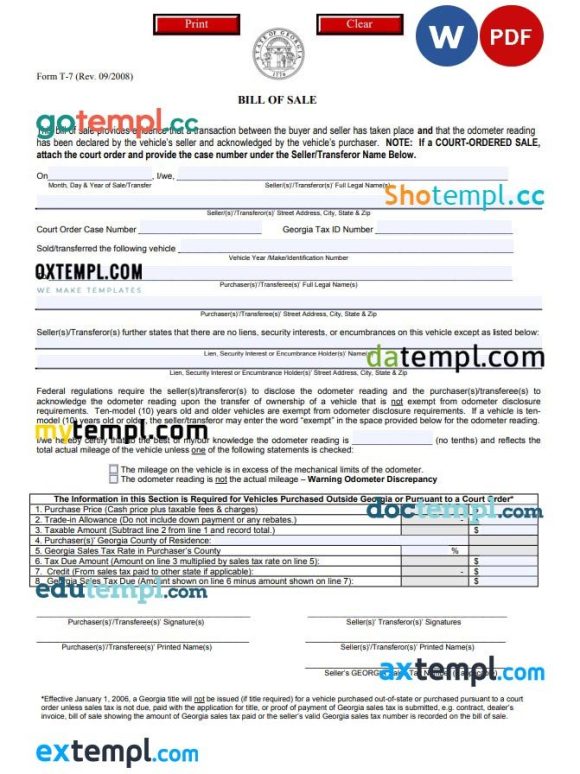 Georgian Vehicle Bill of Sale Form example, fully editable