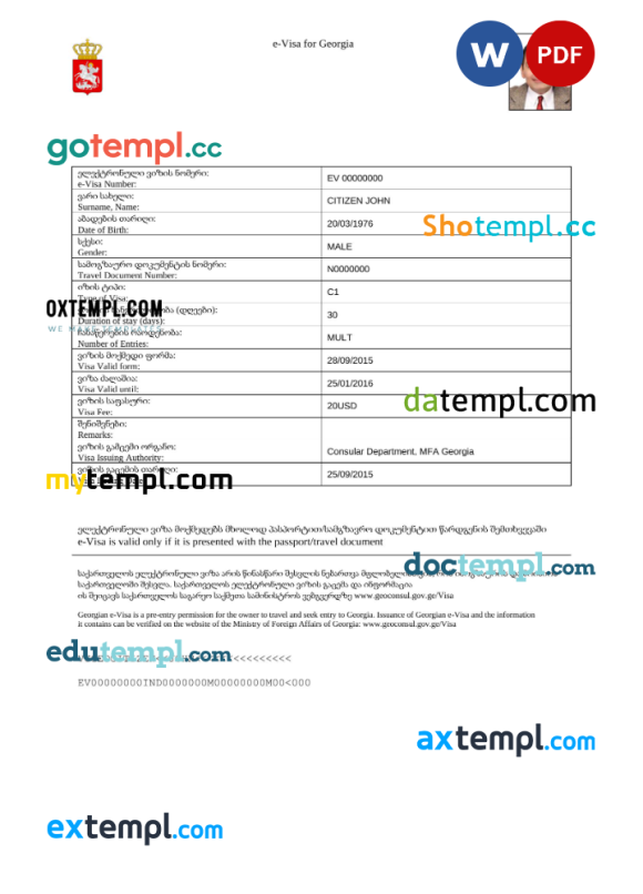 Georgian e-visa Word and PDF example