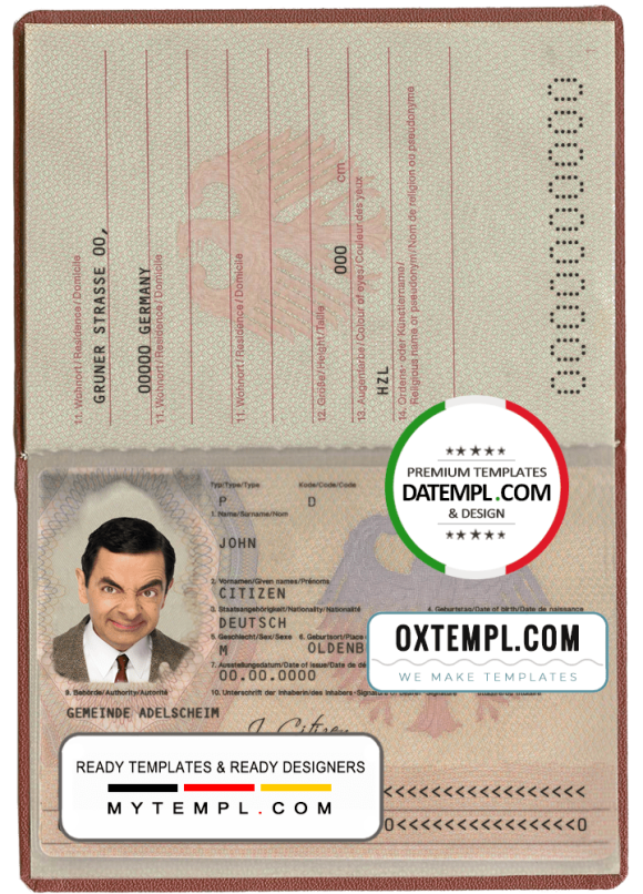 German passport example in PSD format, 2005-2017