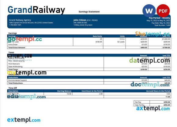 Grand Railway company paystub example in Word and PDF formats