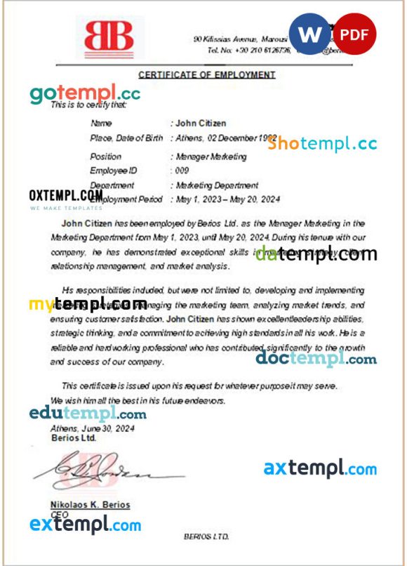 Greece Berios Ltd certificate of employment Word and PDF download template