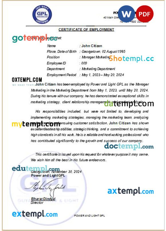 Guyana Power and Light GPL certificate of employment Word and PDF download template