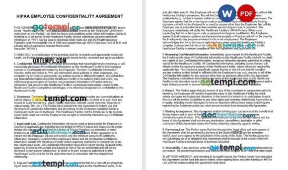 HIPAA Employee Confidentiality Non-Disclosure Agreement NDA Word example