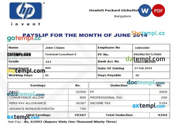 HP HEWLETT Packard GlobalSoft Pvt.Ltd payslip pay stub example in Word and PDF formats