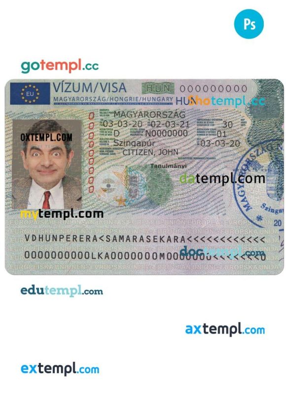 Hungarian travel visa example in PSD format, version 2