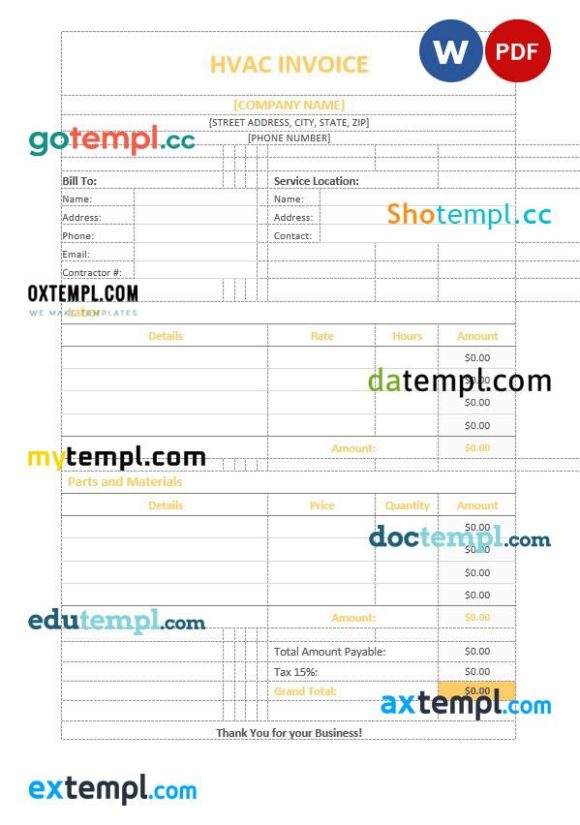 Hvac invoice example in word and pdf format