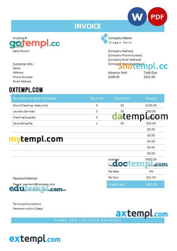 Handyman Invoice example in word and pdf format