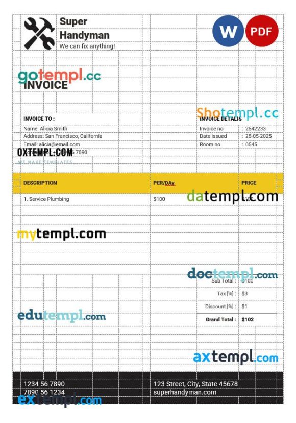 Handyman Services Invoice example in word and pdf format