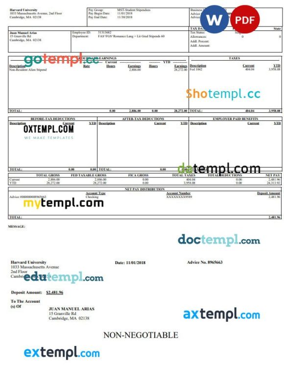 Harvard university pay stub example in PDF and Word format