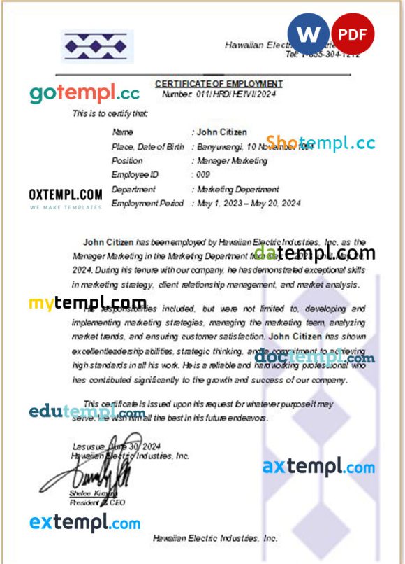 Hawaii Electric Industries Inc. certificate of employment Word and PDF download template