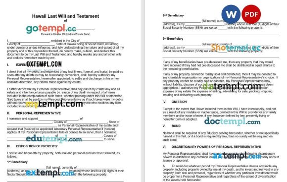 Hawaii Last Will and Testament example, fully editable