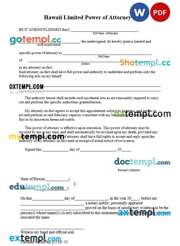 Hawaii Limited Power of Attorney Form example, fully editable