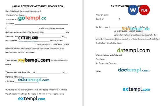 Hawaii Power of Attorney Revocation Form example, fully editable