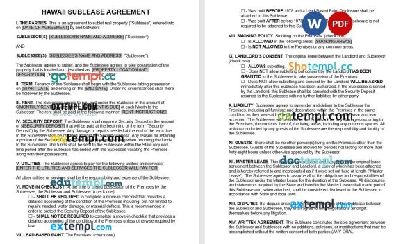 Hawaii Sublease Agreement Word example, fully editable
