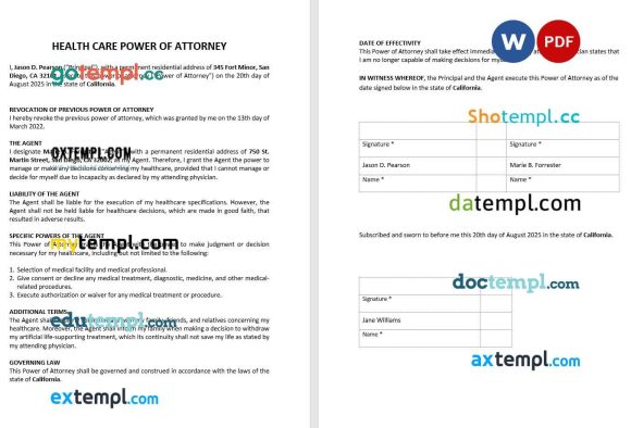 Health Care Power of Attorney example, fully editable