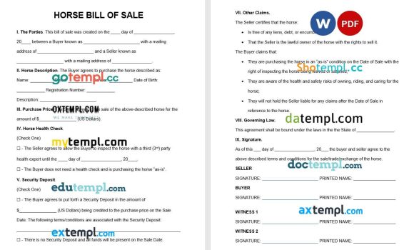 Horse Bill of Sale Form Word example, completely editable