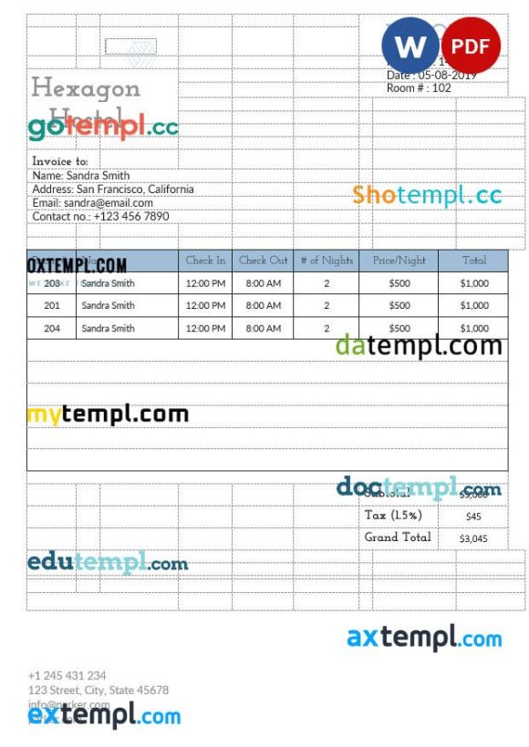 Hostel Invoice example in word and pdf format