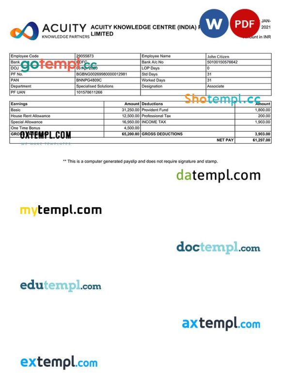 INDIA ACUITY Knowledge Centre Private Limited payslip example in Word and PDF formats