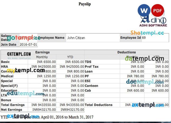 INDIA ADHI Software company payslip example in Word and PDF formats