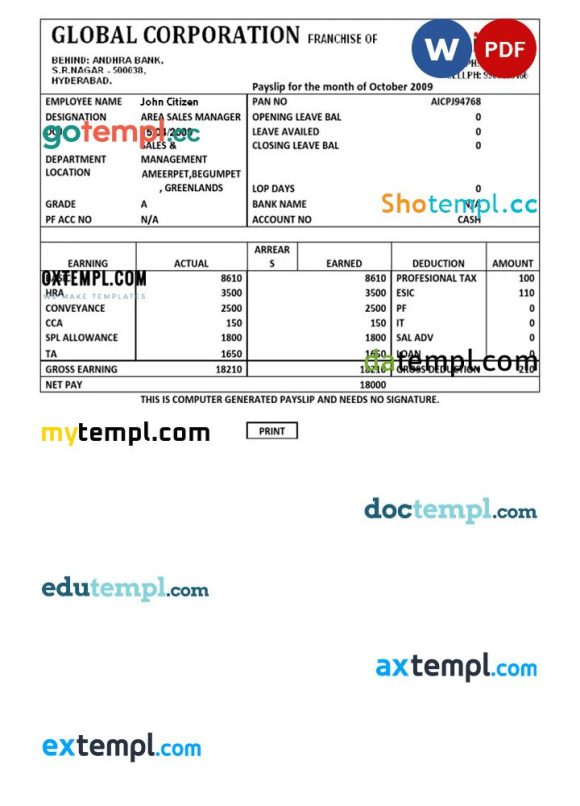 INDIA AIRTEL multinational telecommunications services company payslip example in Word and PDF formats