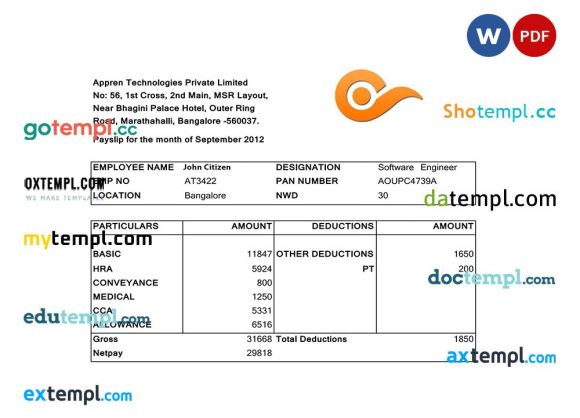 INDIA APPREN Technologies Private Limited payslip example in Word and PDF formats