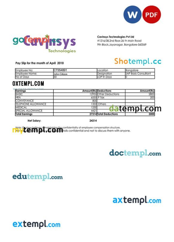 INDIA CAVINSYS Technologies Pvt Ltd payslip example in Word and PDF formats