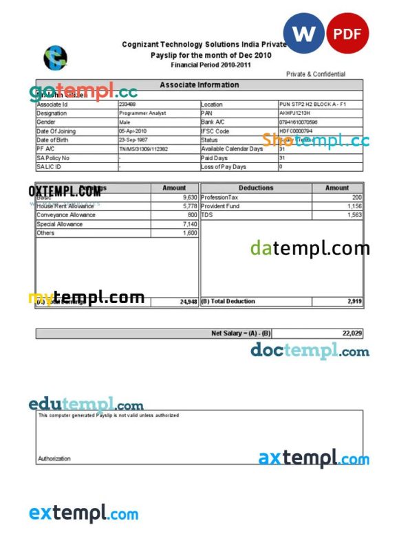 INDIA COGNIZANT Technology Solutions Indian Private Ltd payslip pay stub example in Word and PDF formats