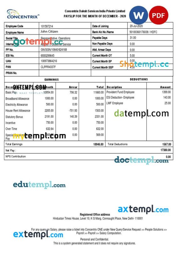 INDIA CONCENTRIX Daksh Services Indian private Limited payslip example in Word and PDF formats