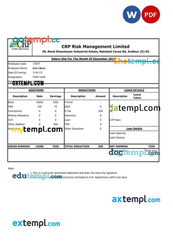 INDIA CRP Risk Management Limited salary slip example in Word and PDF formats