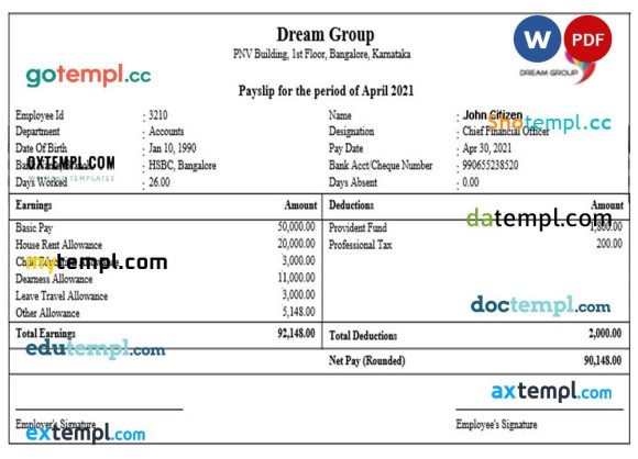 INDIA DREAM group payslip pay stub example in Word and PDF formats