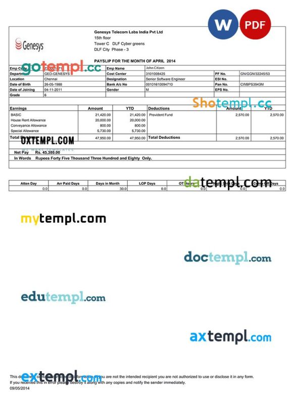 India Genesys Telecom Labs Indian Pvt Ltd payslip example in Word and PDF formats